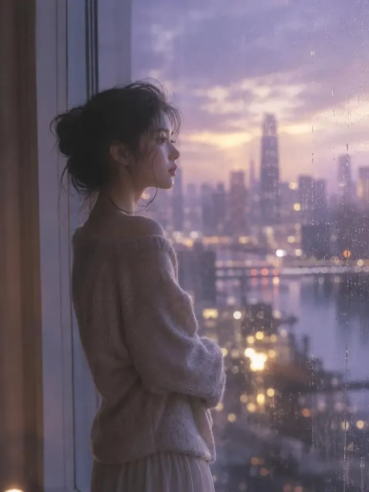 黄果短剧《雾锁情迷》海报,夜色窗前与倒影中男性身影的都市女性